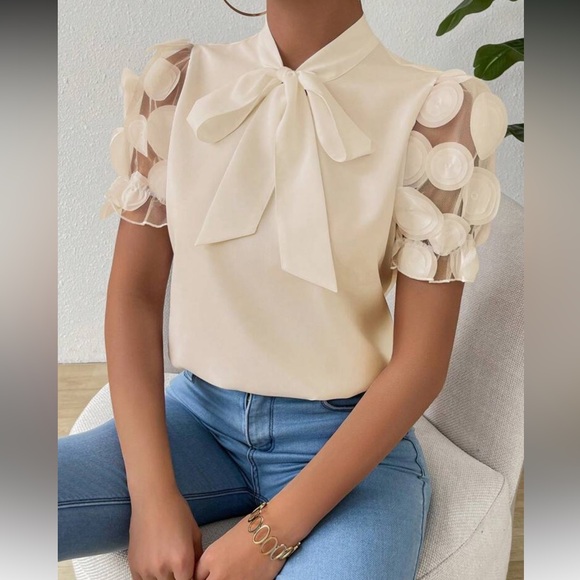 Elegant Beige Women's Top with Bow Detail - Picture 1 of 16